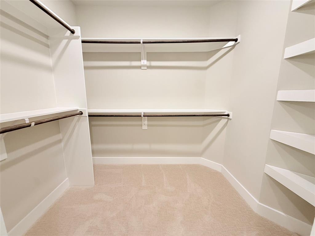 Walk in closet featuring light carpet