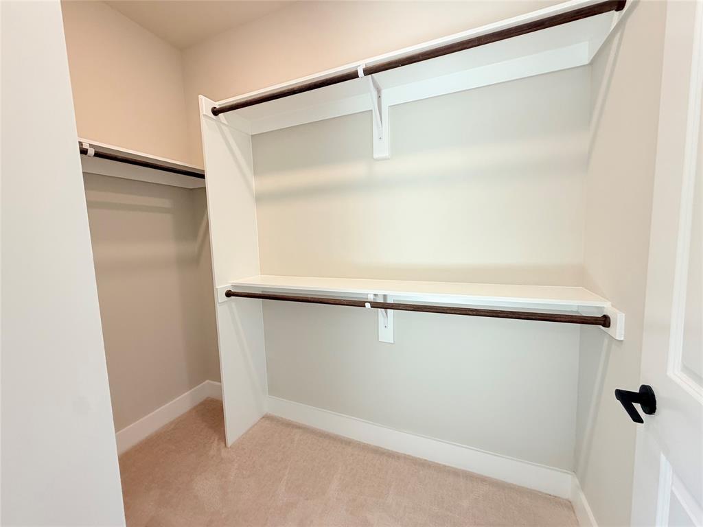 Walk in closet featuring light colored carpet