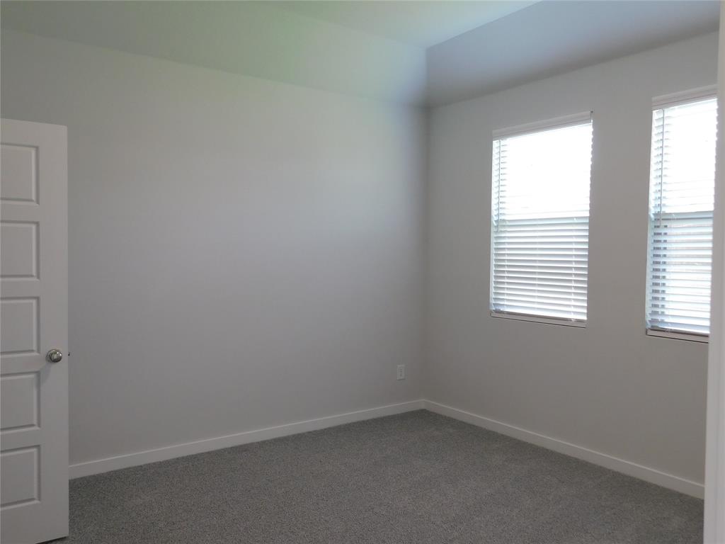 Neutral interior room featuring plush carpeted flooring, two windows with horizontal blinds, and a paneled door