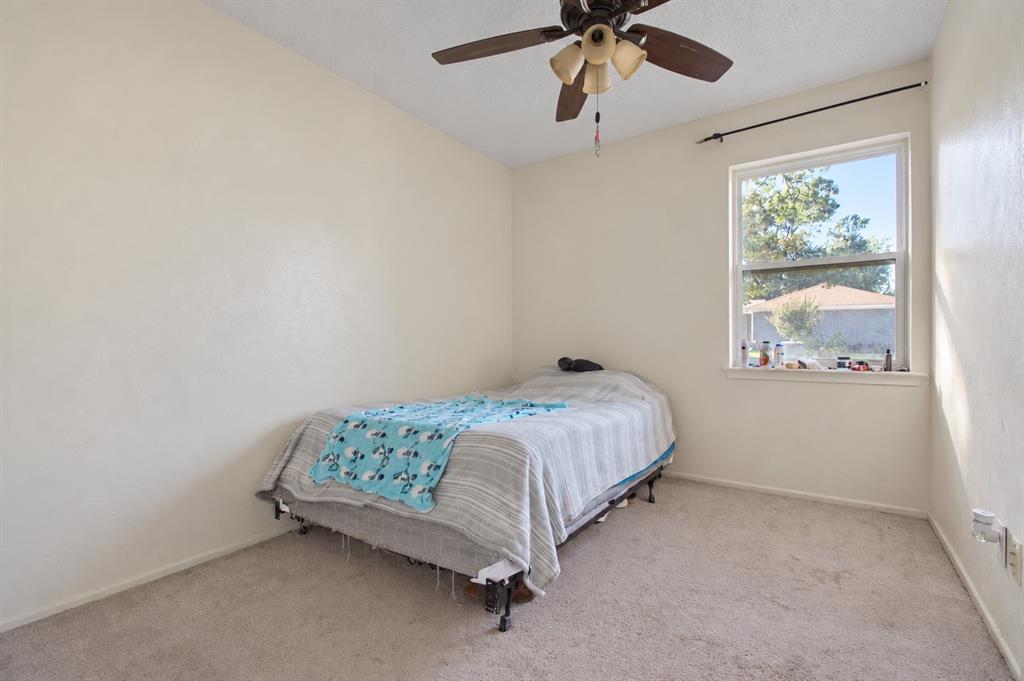 Room featuring neutral carpeting, textured wall finish, and a ceiling-mounted light fixture with a fan