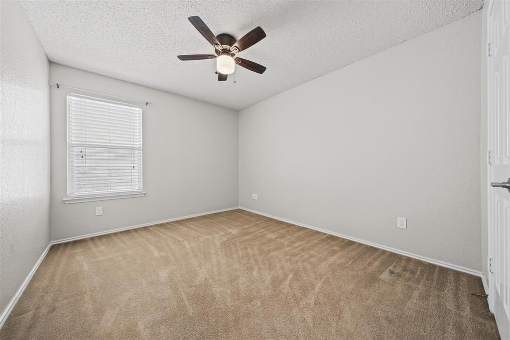 Neutral-toned interior featuring wall-to-wall carpeting, a multi-blade ceiling fan with integrated lighting, and a single-hung window with horizontal blinds