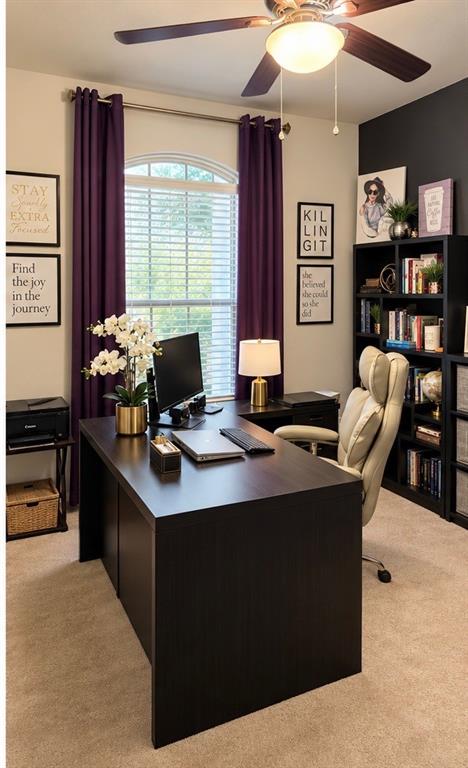 Arched window with wood-finish blinds, built-in shelving, carpeted flooring, and a ceiling fan with integrated lighting Arched window with wood-finish blinds, built-in shelving, carpeted flooring, and a ceiling fan with integrated lighting