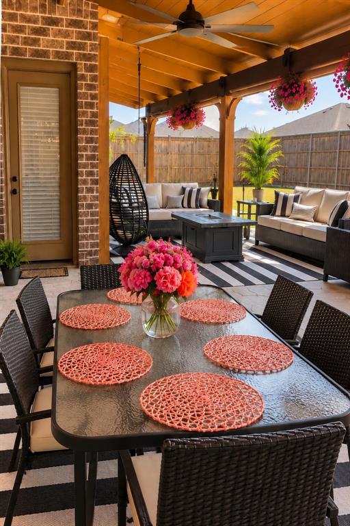 Covered patio featuring a wood-beam ceiling, ceiling fan, brick siding, and stone-tile flooring