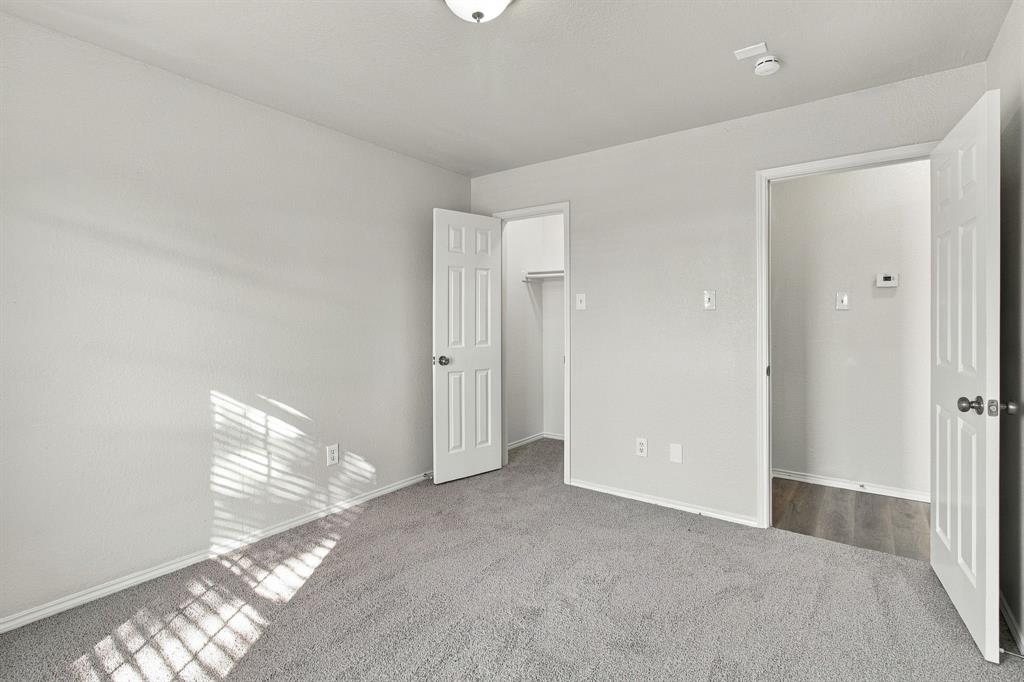 Interior room featuring neutral-toned carpeting, six-panel interior doors, a walk-in closet, and a ceiling-mounted light fixture