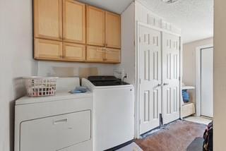 Laundry area featuring light-finish wood cabinetry, dual-panel closet doors, and hard-surface flooring Laundry area featuring light-finish wood cabinetry, dual-panel closet doors, and hard-surface flooring