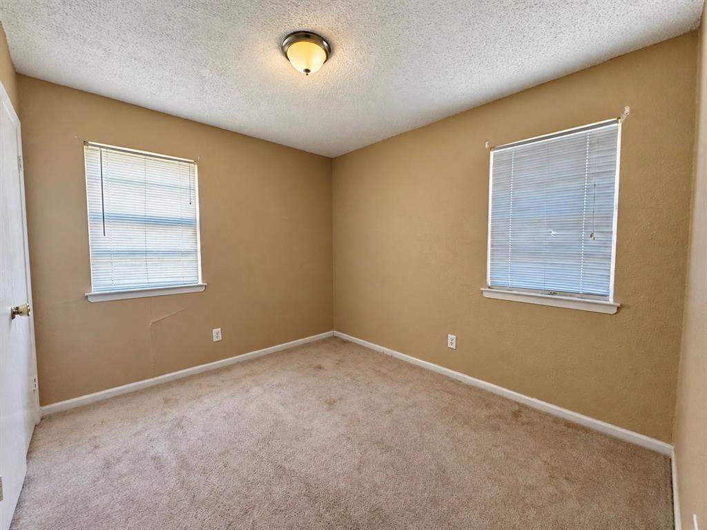 Neutral-toned interior room featuring wall-to-wall carpeting, dual windows with horizontal blinds, and a central dome-style ceiling light fixture