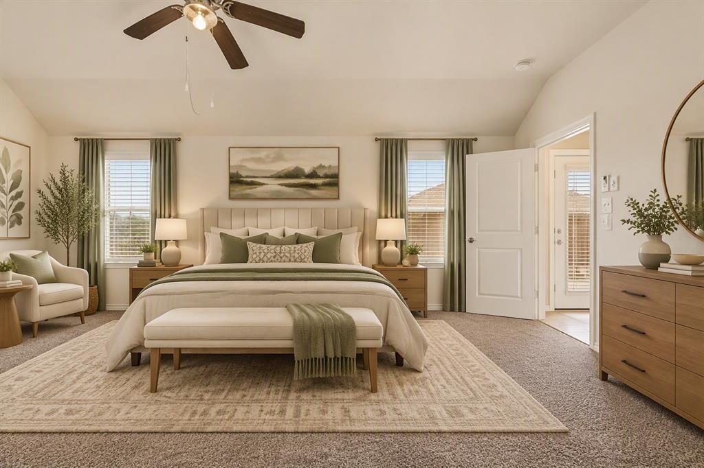 Virtually Staged Vaulted ceiling, ceiling fan with light fixture, neutral carpeting, and multi-pane windows with horizontal blinds