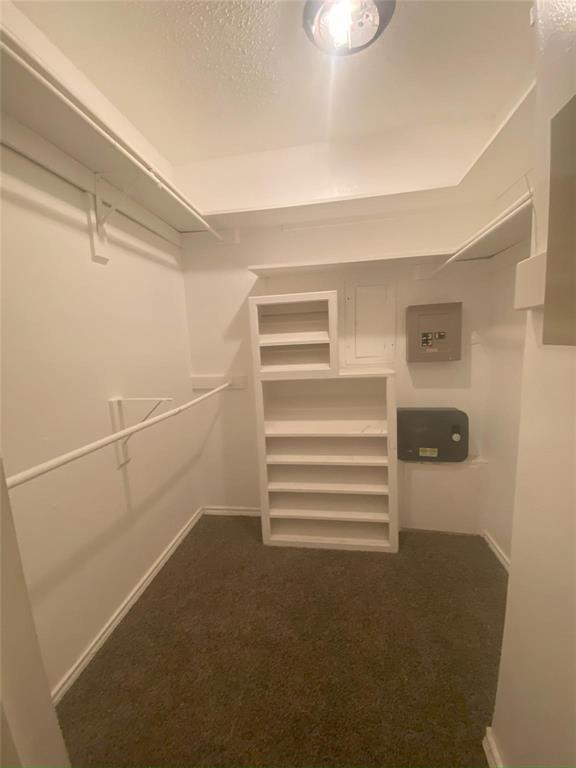 Walk in closet featuring dark colored carpet Walk in closet featuring dark colored carpet