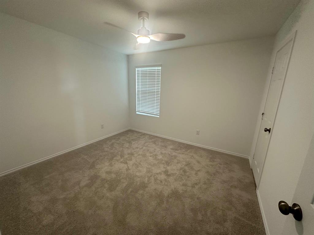 Neutral-toned carpeted flooring, wall-mounted ceiling fan with integrated lighting, single-pane window with horizontal blinds, and paneled closet door