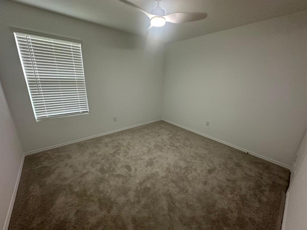 Neutral wall color, wall-to-wall carpeting, window with blinds, and ceiling fan with integrated lighting