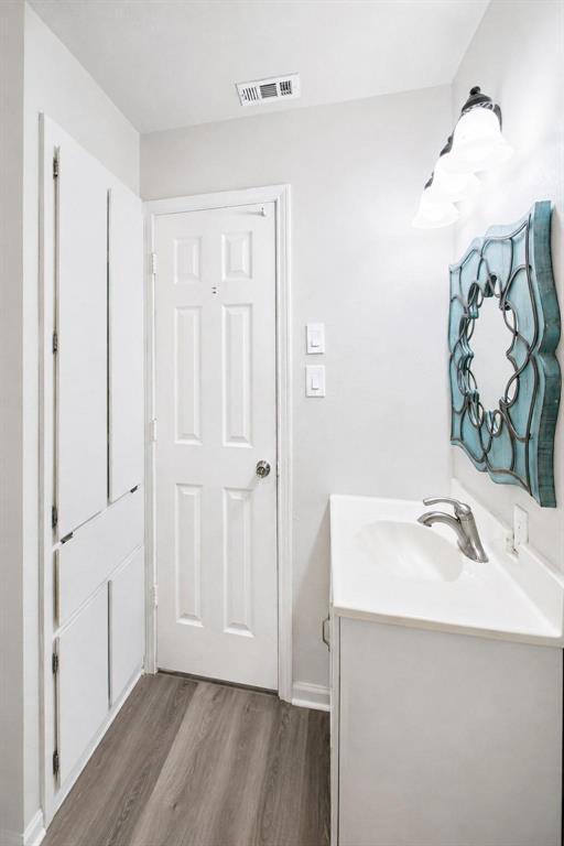 Built-in floor-to-ceiling cabinetry, wood-finish flooring, vanity with integrated sink, and three-light wall fixture