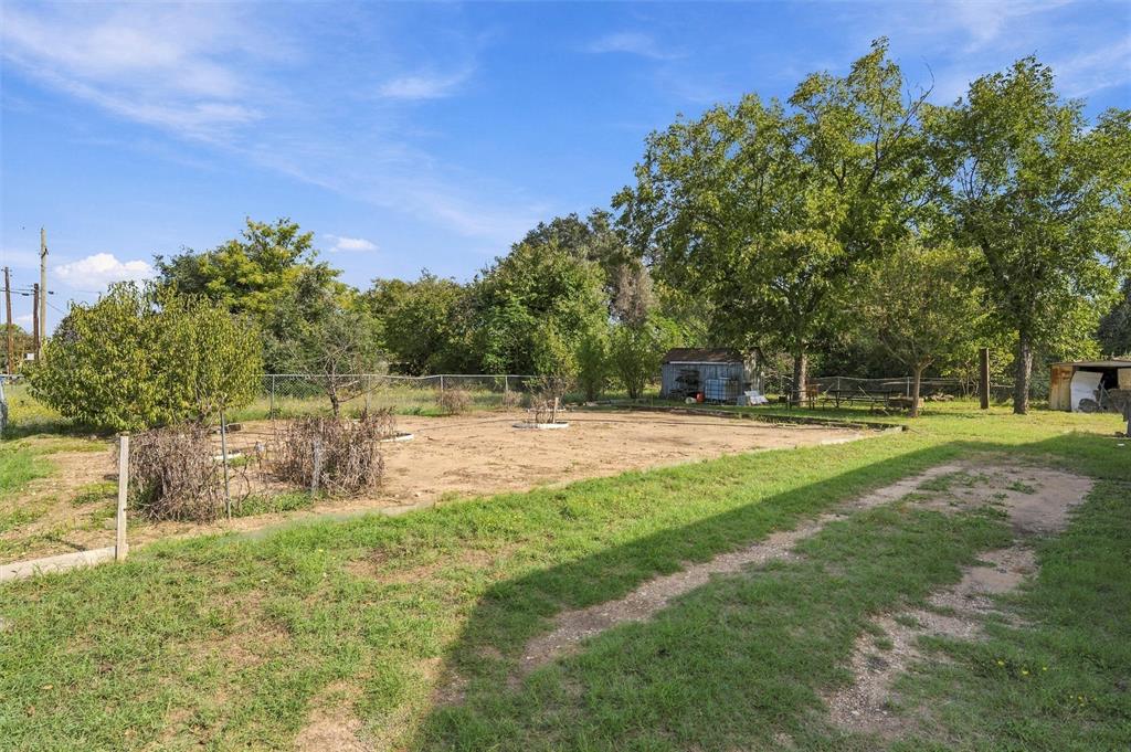 Expansive backyard featuring mature trees, perimeter chain-link fencing, and a detached storage structure