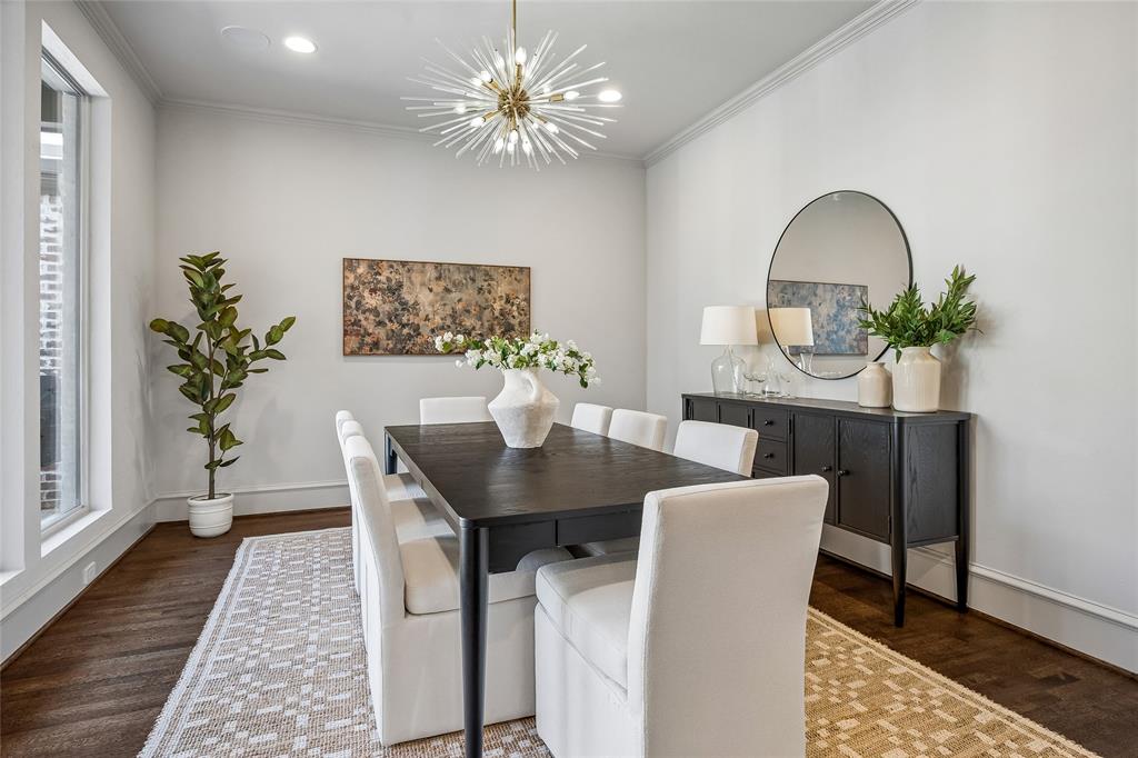 Over-sized dining room faces courtyard