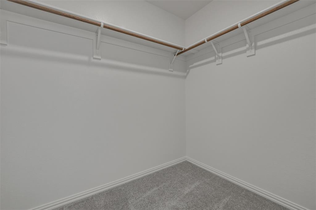Corner closet featuring light gray carpeting and white walls