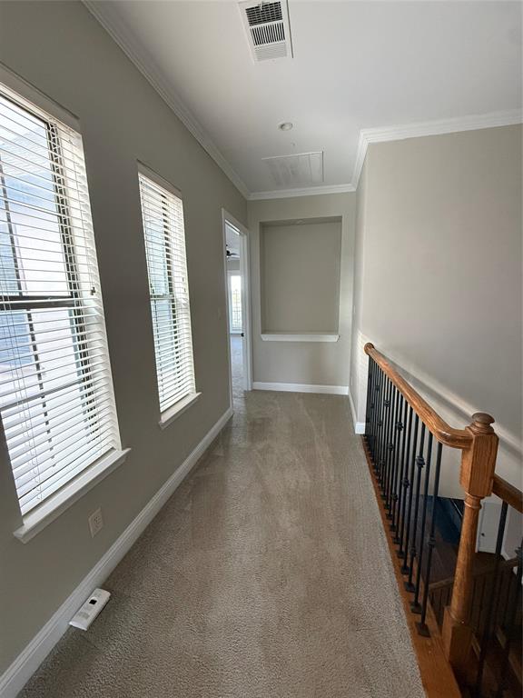 Hallway featuring neutral wall tones, inset wall niche, carpeted flooring, and a decorative metal stair railing with a wooden handrail