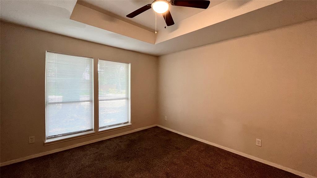 Room featuring a tray ceiling, ceiling fan with integrated lighting, dual windows with blinds, and wall-to-wall carpeting
