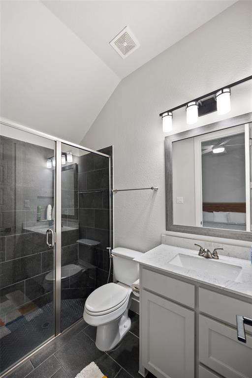 Bathroom featuring vaulted ceilings, a vanity with a stone-top integrated sink, a framed vanity mirror, and a walk-in shower with dark tile surround and a glass door