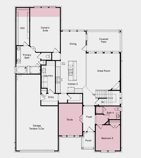 Additional Highlights Include: Extended primary suite and walk-in closet, study in place of formal dining, downstairs bedroom in place of study, full bathroom in place of powder room, media room in place of bedroom, 6-Lite horizontal mahogany entry door, and gas drop at patio.