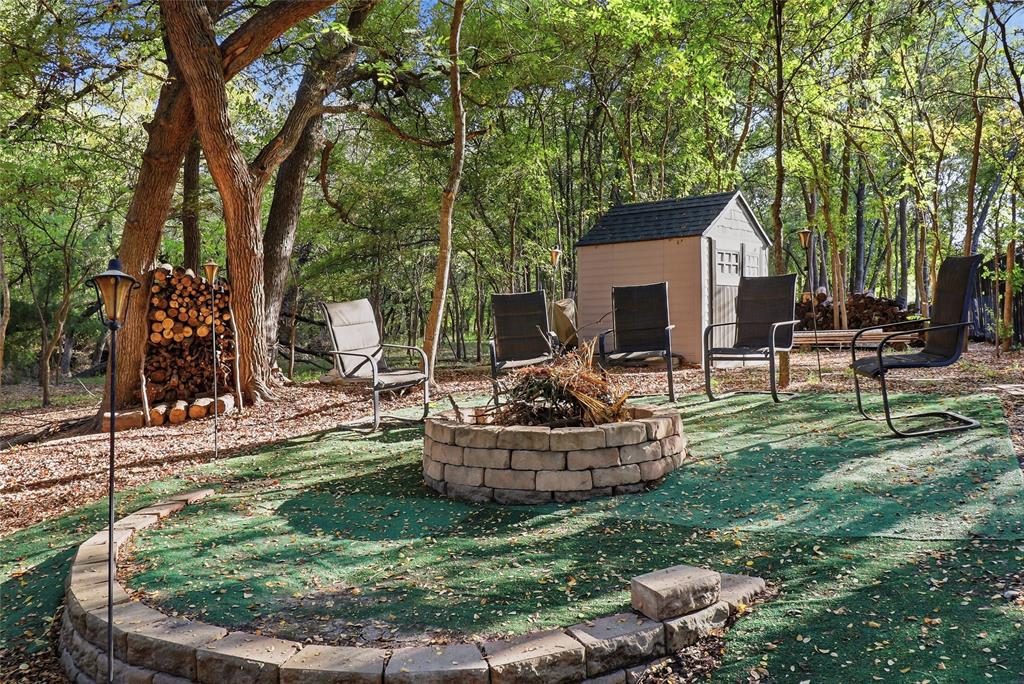 Fire pit, lots of area for seating, storage shed and firewood