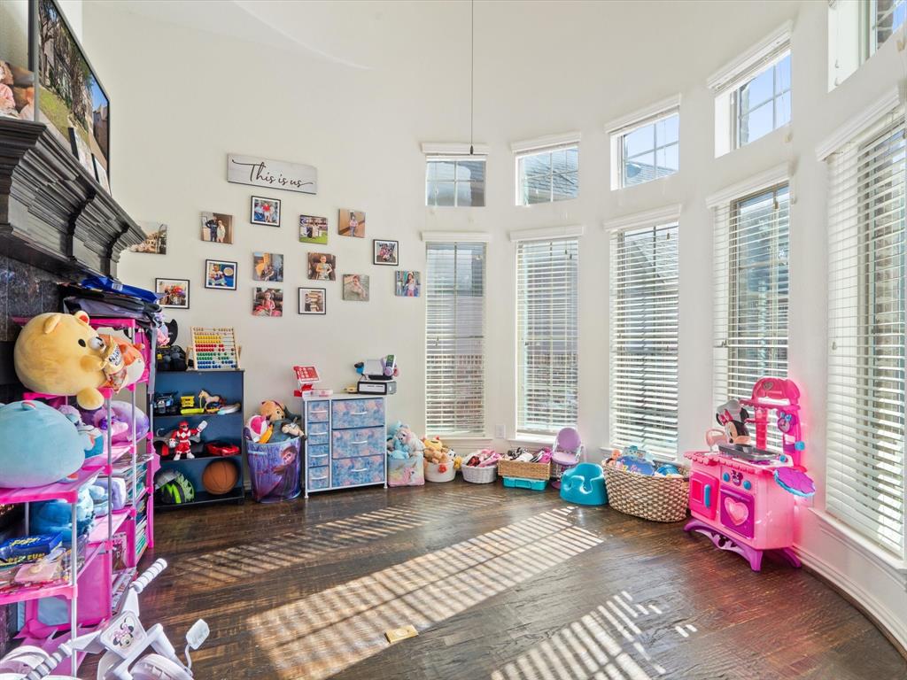 Recreation room with healthy amount of natural light, hardwood / wood-style flooring, and a towering ceiling
