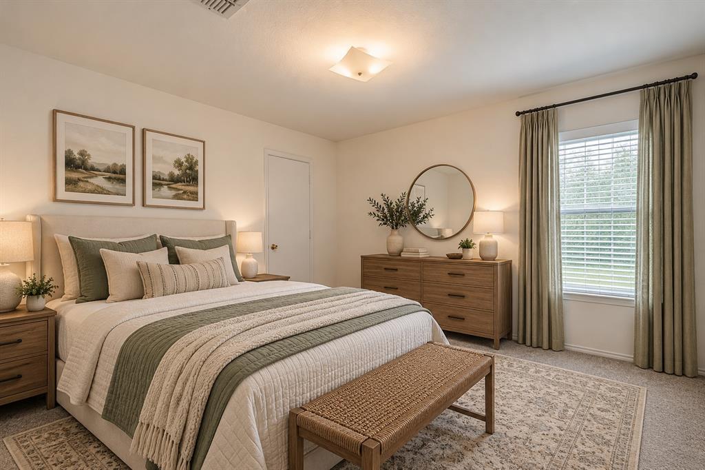 Neutral-toned interior space featuring a window with floor-to-ceiling drapery and a flush-mount ceiling light fixture