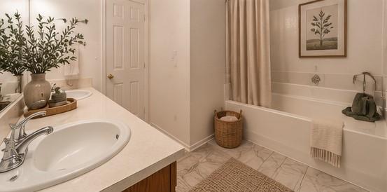 Bathroom featuring a dual-sink vanity with a solid-surface countertop, porcelain drop-in sinks, polished chrome fixtures, and a tiled tub-shower combination with patterned stone-finish flooring