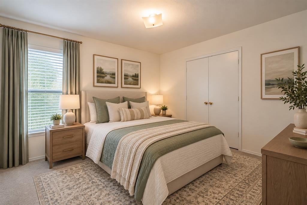Neutral-toned bedroom featuring carpeting, ceiling-mounted light fixture, and double-door reach-in closet