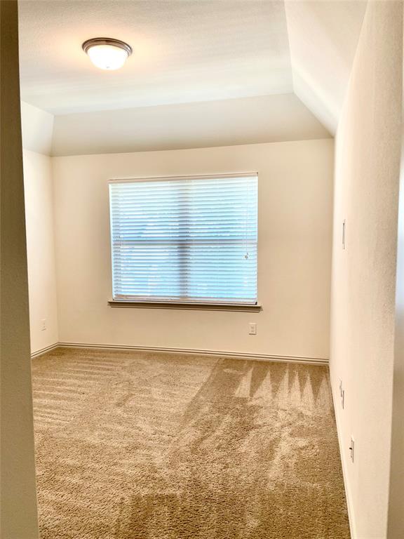 Interior space featuring a vaulted ceiling, neutral wall tones, wall-to-wall carpeting, and a window fitted with horizontal blinds