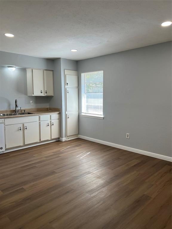 Kitchen featuring wood-finish flooring, white cabinetry, integrated vertical storage pantry, recessed lighting, and a stainless steel sink with a high-arch faucet