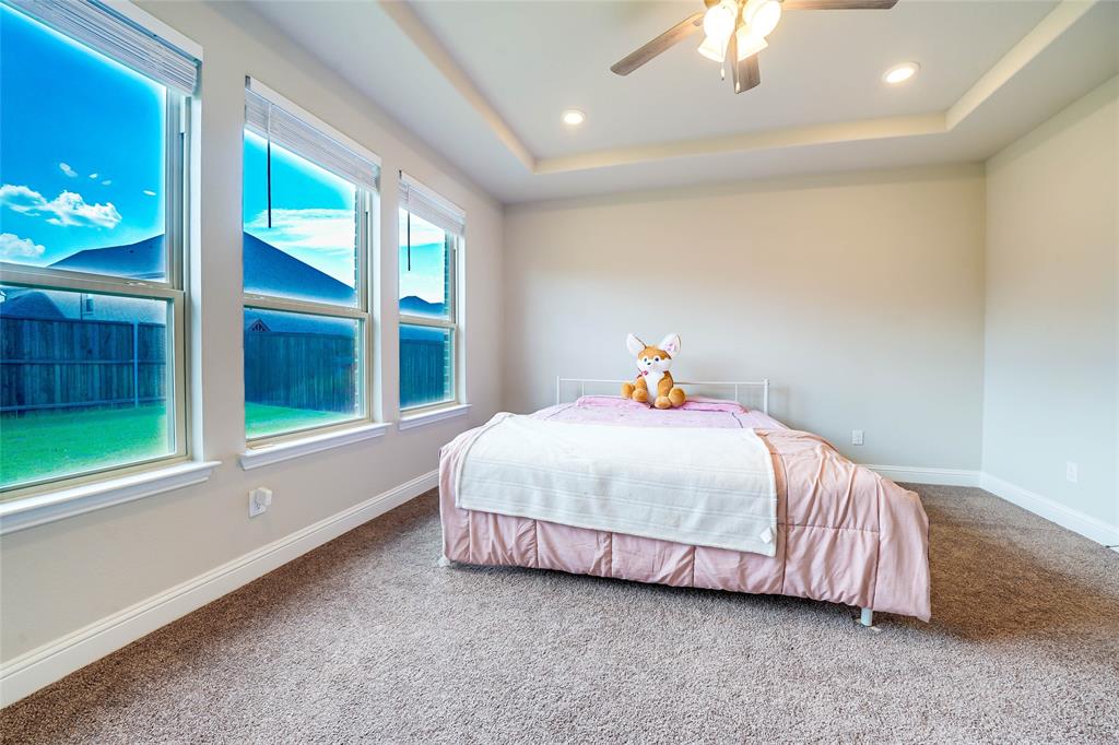 Carpeted bedroom featuring a tray ceiling, ceiling fan, and recessed lighting