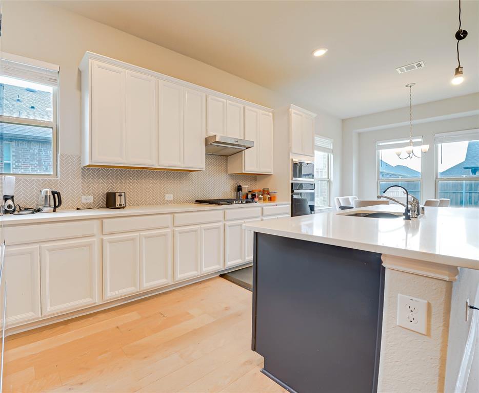 Kitchen with white cabinetry, decorative light fixtures, decorative backsplash, light wood-type flooring, and stainless steel appliances