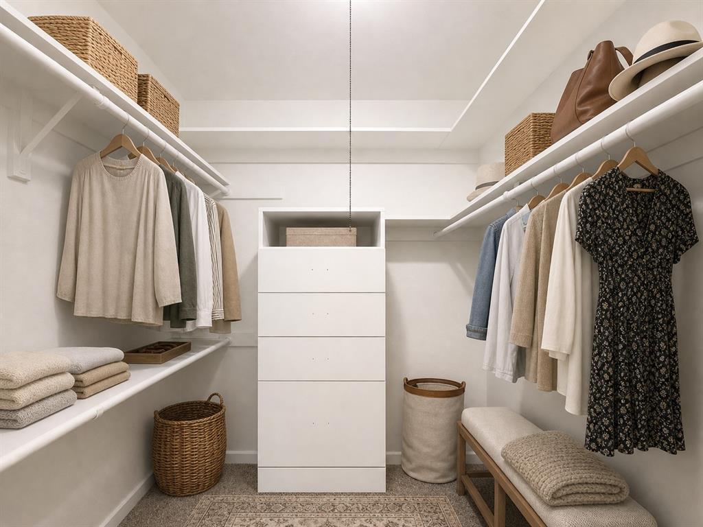 Walk-in closet featuring multi-level open shelving, integrated five-drawer cabinetry, and extended hanging rods