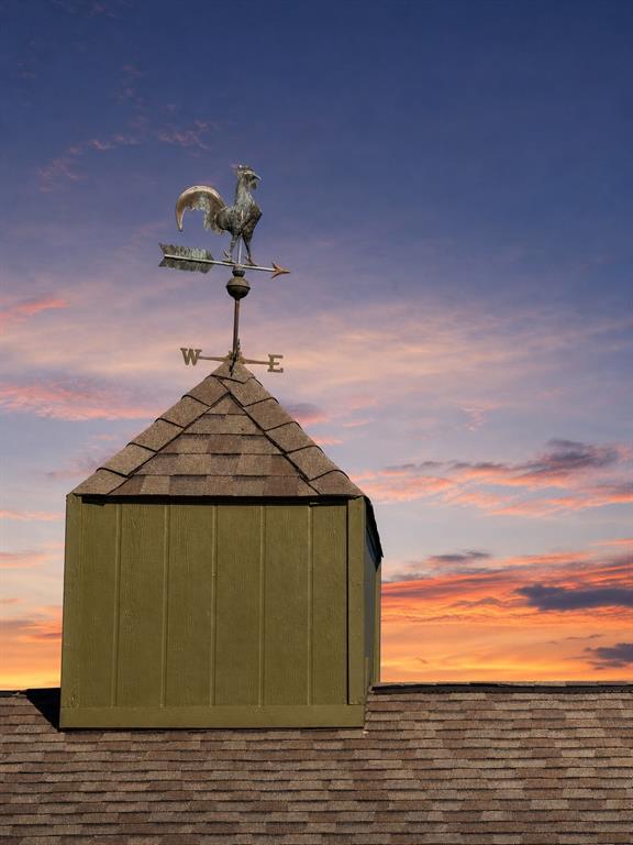 Roof-mounted cupola featuring vertical siding, shingle roofing, and a decorative rooster weather vane Roof-mounted cupola featuring vertical siding, shingle roofing, and a decorative rooster weather vane