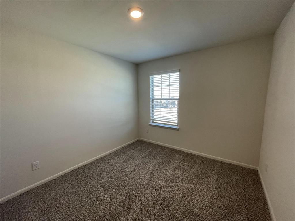 Neutral wall paint, textured carpeting, and a single-hung window with built-in blinds, complemented by a flush-mount ceiling light fixture