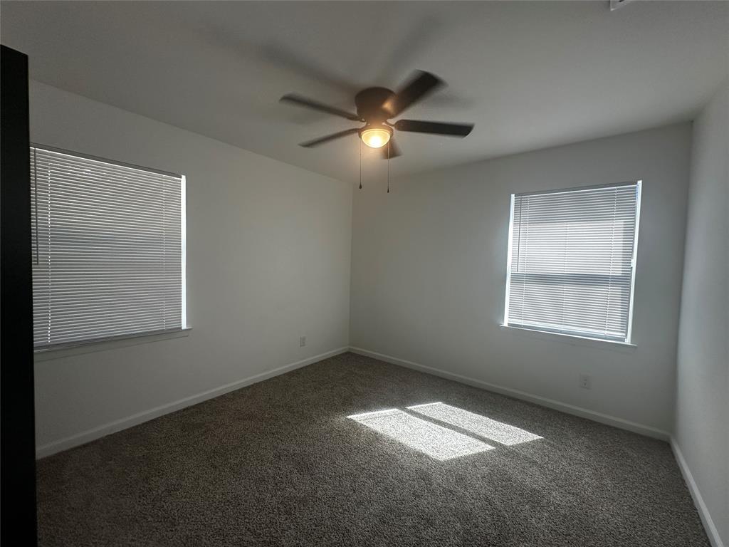 Neutral-toned carpeted flooring, dual windows with fitted blinds, and an integrated ceiling fan with light fixture