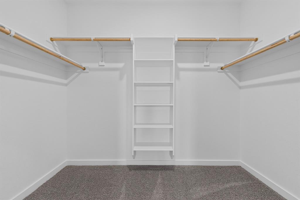 Walk-in closet featuring white wall-mounted shelving, integrated wooden clothing rods, and wall-to-wall carpeting
