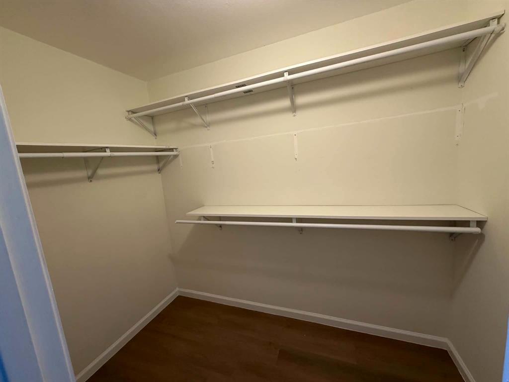 Primary Walk-in closet featuring wood-finish flooring and multi-level white built-in shelving with integrated clothing rods