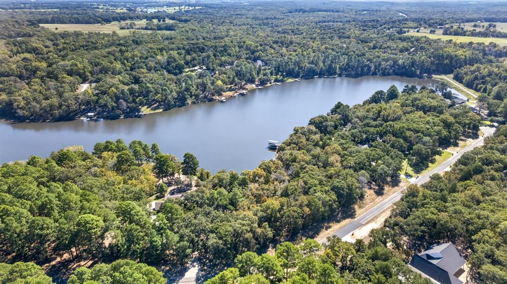 Aerial perspective featuring expansive waterfront footage, private dock, dense surrounding forest, and direct paved road access
