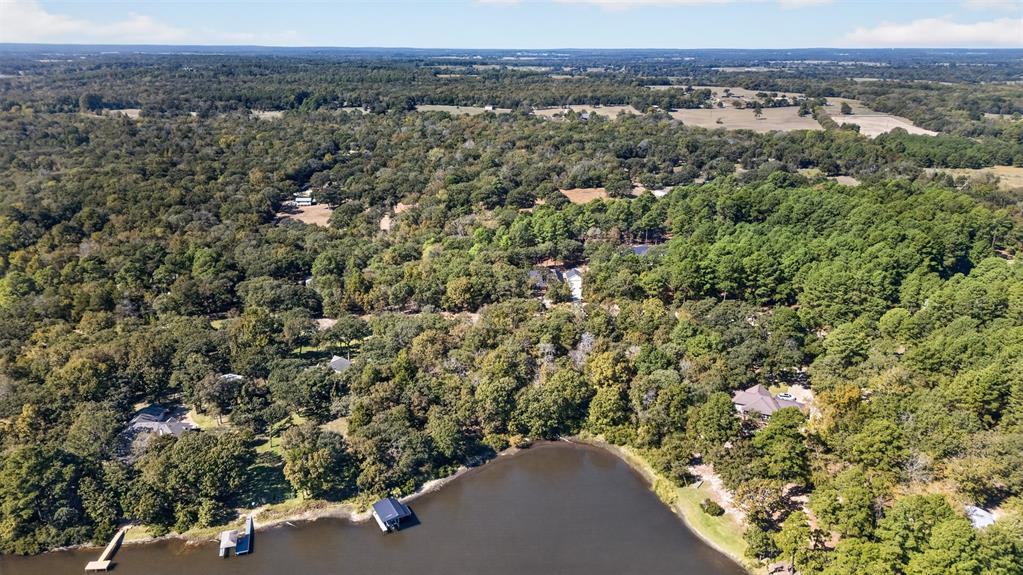 Aerial perspective featuring extensive wooded acreage, waterfront access, and private boat slips