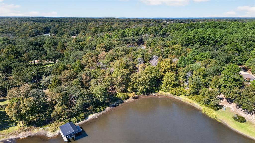 Waterfront property featuring a private boat dock, extensive shoreline, and mature hardwood tree coverage