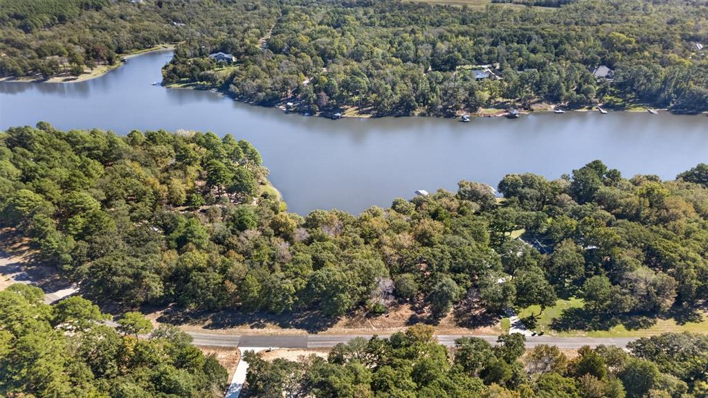 Aerial perspective of waterfront parcel featuring extensive shoreline, dense mature tree canopy, and direct road access Aerial perspective of waterfront parcel featuring extensive shoreline, dense mature tree canopy, and direct road access