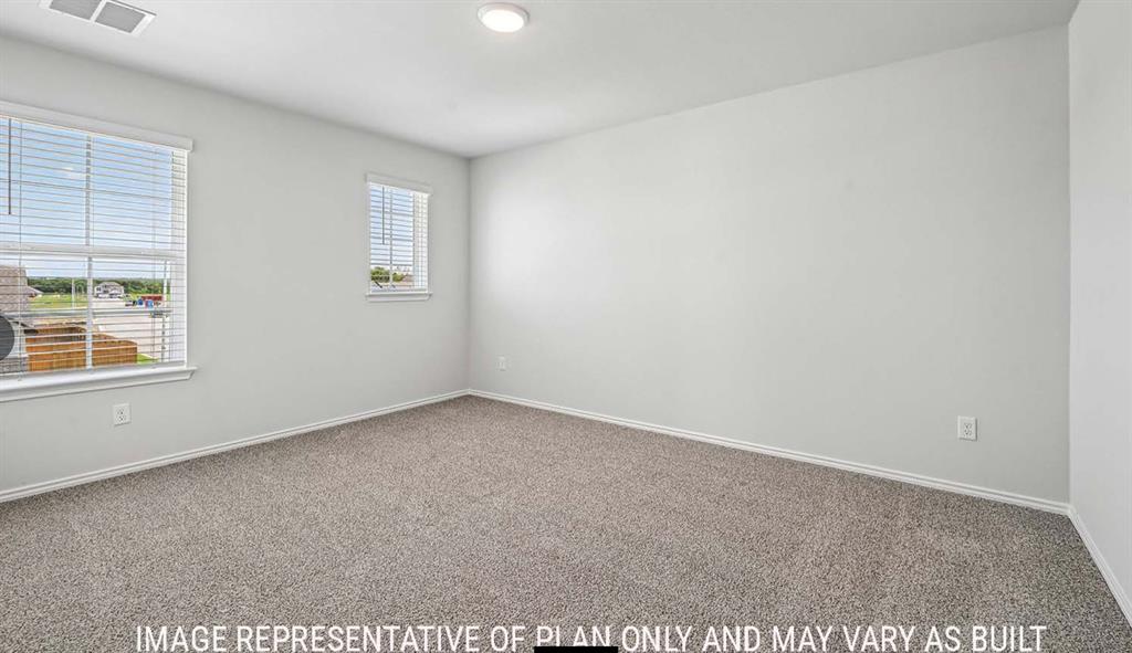 Neutral-toned wall paint, plush carpeting, dual pane windows, and a flush-mount overhead light fixture