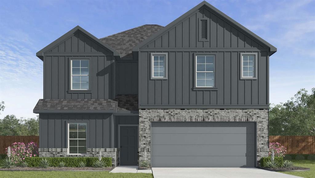 Two-story exterior featuring vertical board-and-batten siding, masonry accents, an attached two-car garage, and a peaked roofline Two-story exterior featuring vertical board-and-batten siding, masonry accents, an attached two-car garage, and a peaked roofline