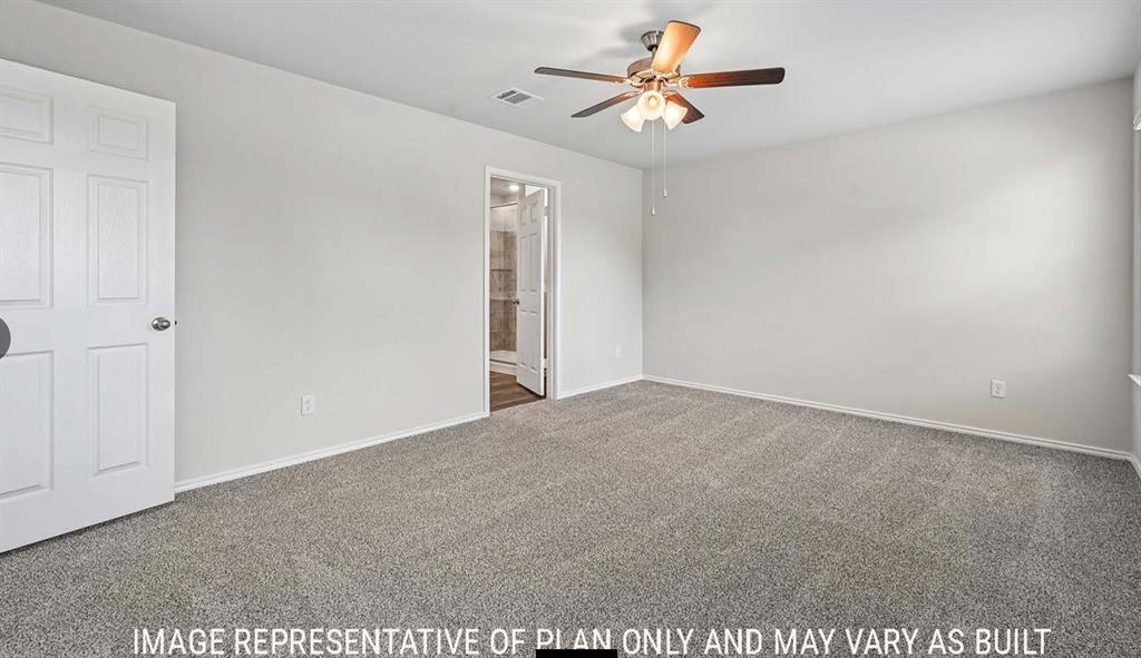 Neutral-toned wall paint, carpeted flooring, and a central ceiling fan with integrated lighting