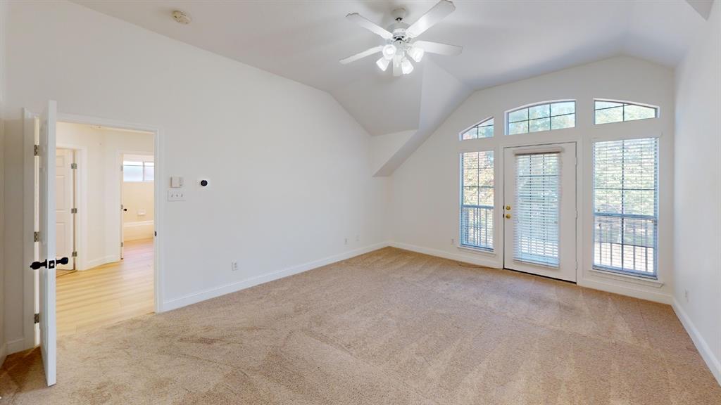 Vaulted ceilings, neutral carpeting, arch-top windows, and a glass-paneled exterior door with integrated blinds
