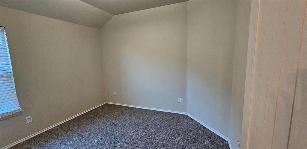 Interior space featuring neutral wall paint, high-texture carpeting, a single-pane window with horizontal blinds, and a slanted ceiling