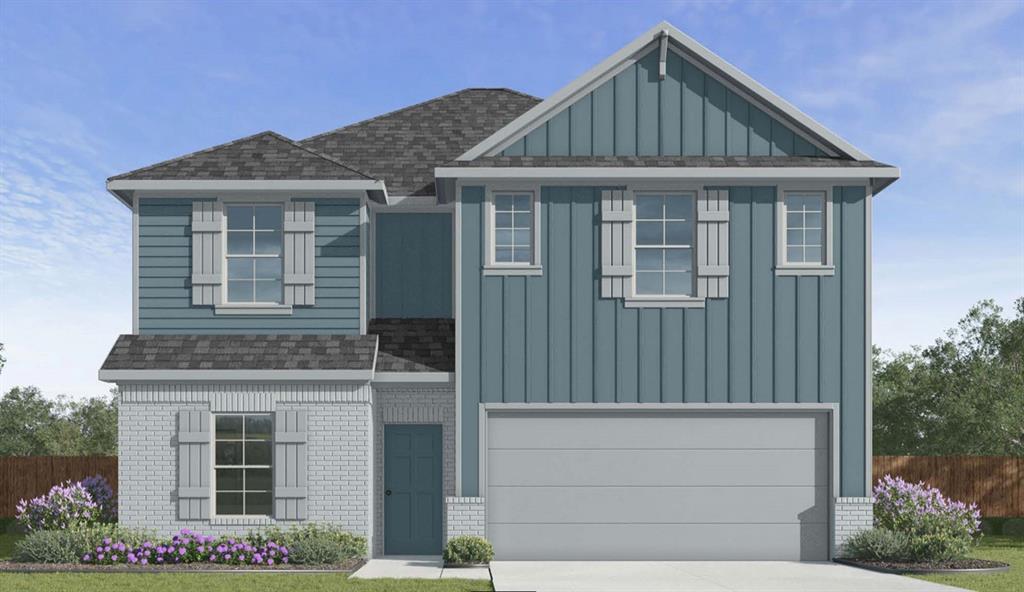 Two-story exterior featuring a brick facade, vertical and horizontal siding, decorative shutters, and a dual-car garage
