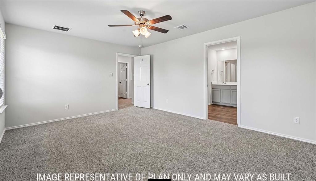 Neutral wall palette featuring plush carpeting, a multi-blade ceiling fan with integrated lighting, and wooden-finish flooring in the secondary space