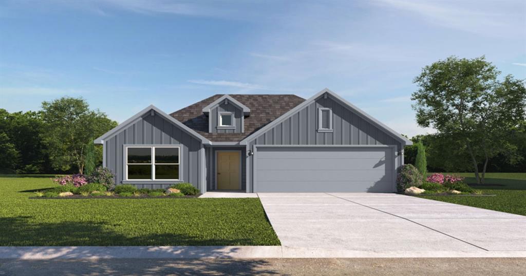 Single-story residence featuring vertical board-and-batten siding, a gable roofline, an attached two-car garage, and a concrete driveway