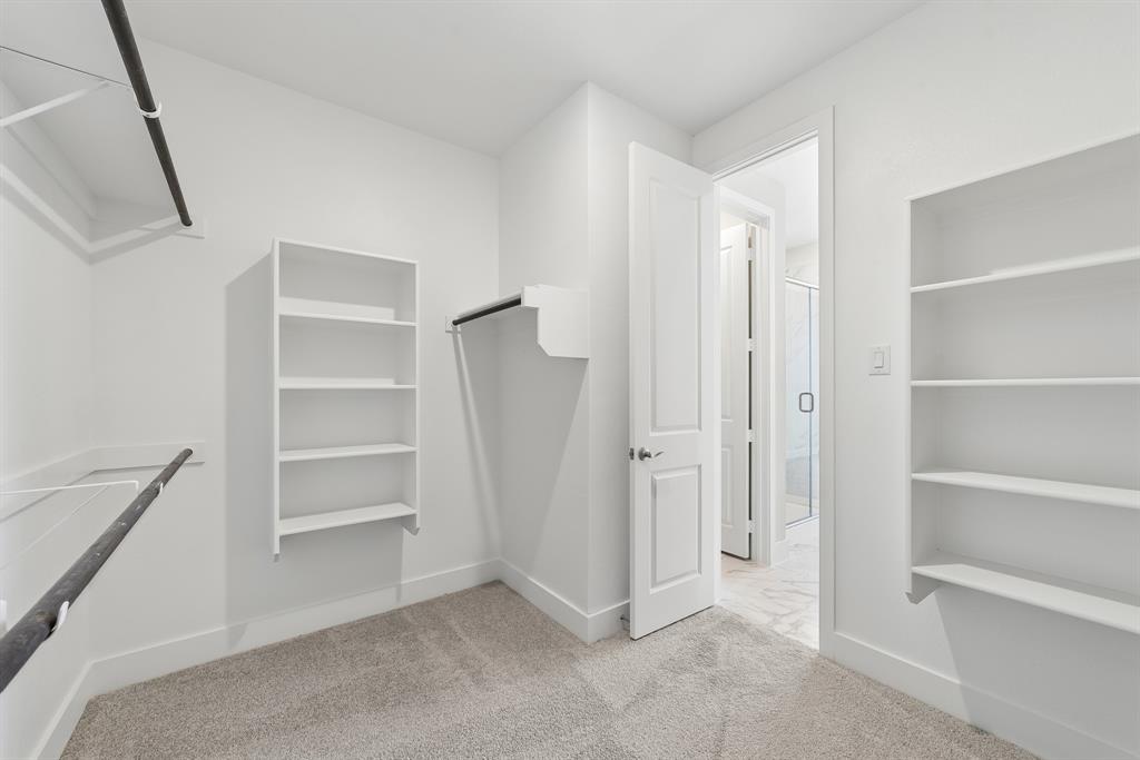 Walk-in closet featuring wall-to-wall carpeting, white shelving units, and mounted clothing rods